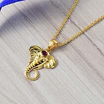 African Ruby Elephant Head Pendant with Chain (Size 20) in Sterling Silver with Yellow Gold Plating