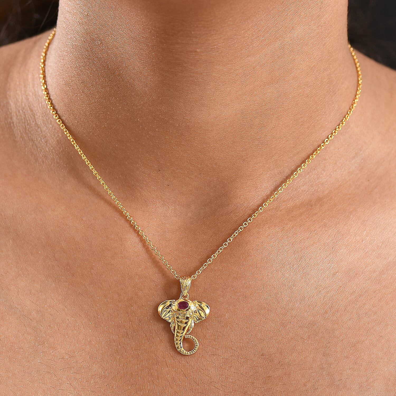 African Ruby Elephant Head Pendant with Chain (Size 20)