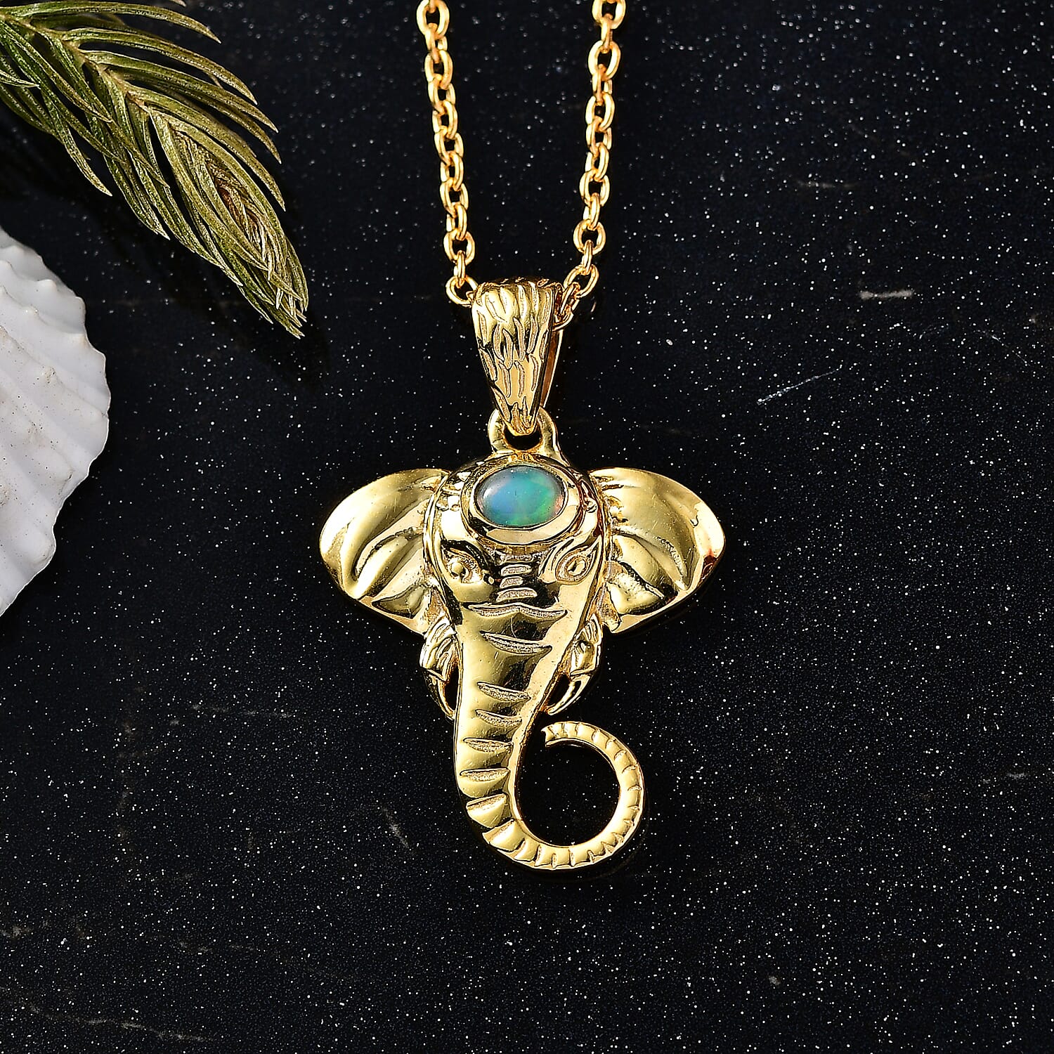 Ethiopian Opal Elephant Head Pendant with Chain (Size 20)