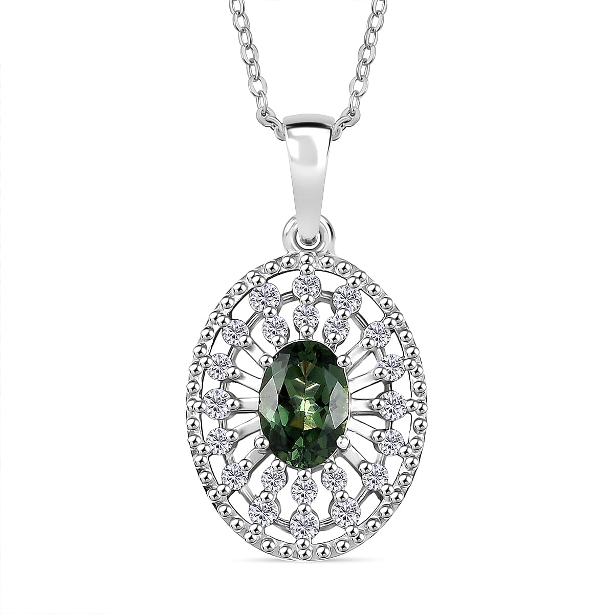 D'Joy Green Apatite & White Zircon Pendant with Chain (Size 20) in Platinum Overlay Sterling Silver 1.19 Ct.