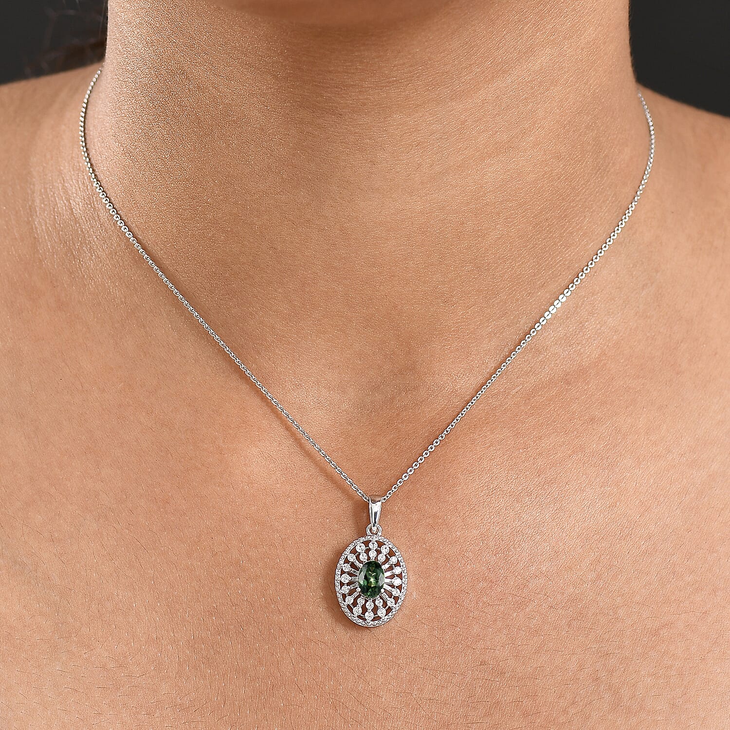 D'Joy Green Apatite & White Zircon Pendant with Chain (Size 20) in Platinum Overlay Sterling Silver 1.19 Ct.