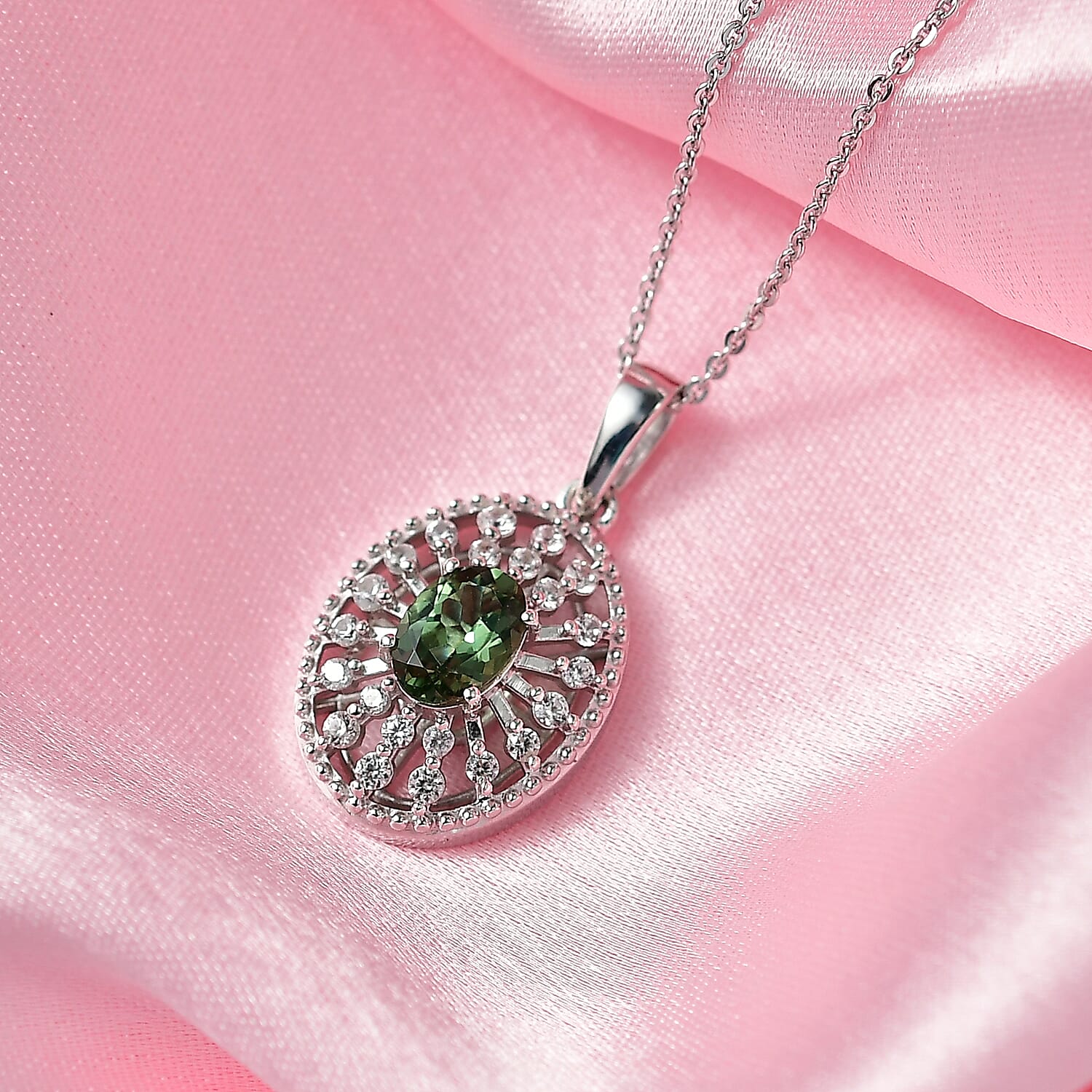 D'Joy Green Apatite & White Zircon Pendant with Chain (Size 20) in Platinum Overlay Sterling Silver 1.19 Ct.