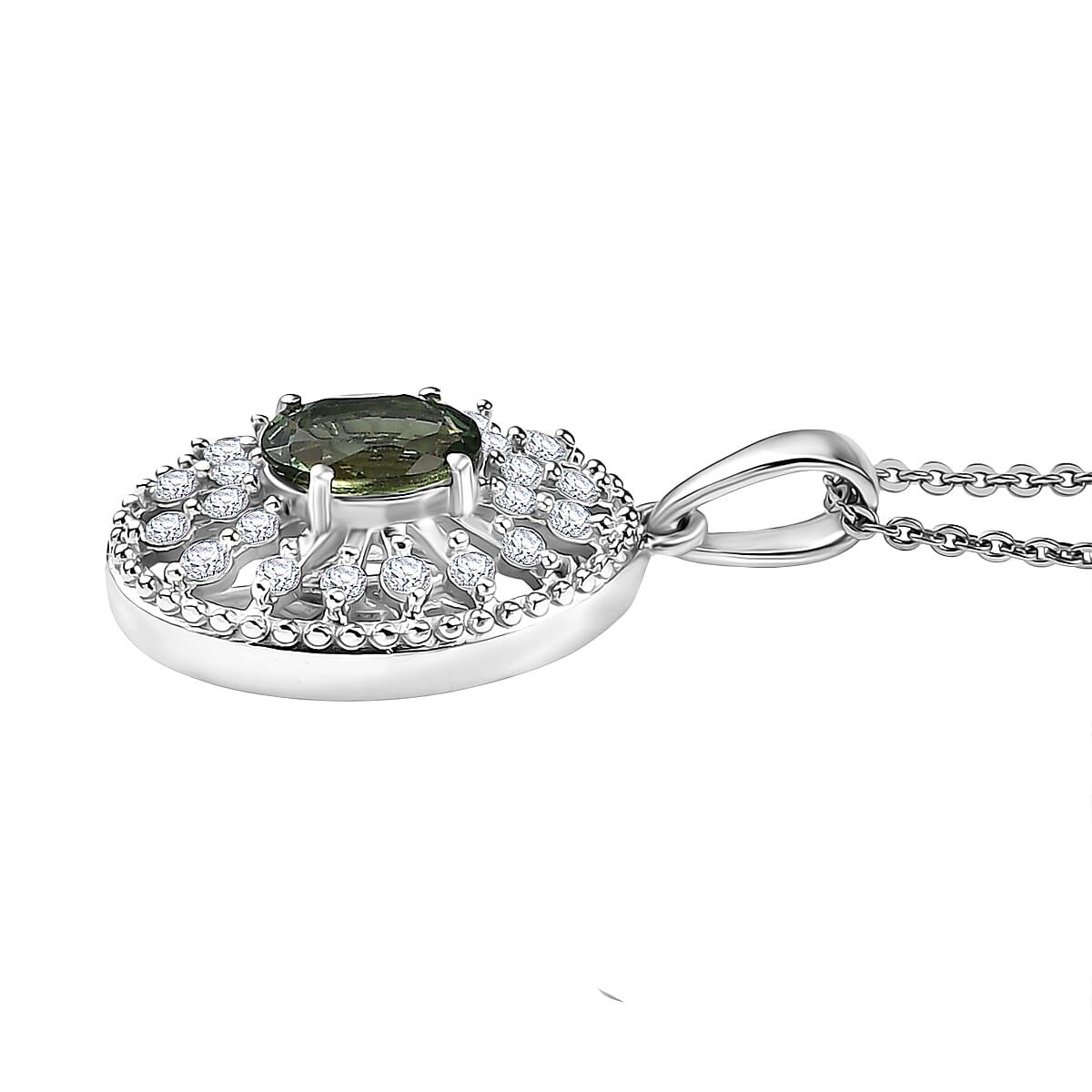 D'Joy Green Apatite & White Zircon Pendant with Chain (Size 20) in Platinum Overlay Sterling Silver 1.19 Ct.