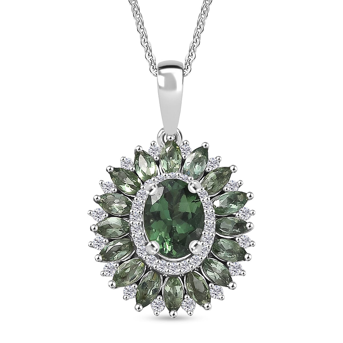 D'Joy Green Apatite & Moissanite Pendant with Chain (Size 20) in Rhodium Overlay Sterling Silver 2.90 Ct, Silver Wt. 5.36 Gms.