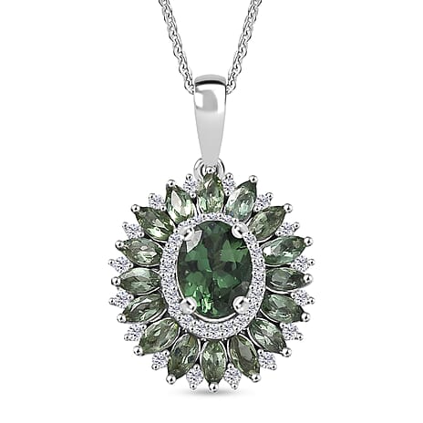 D'Joy Green Apatite & Moissanite Pendant with Chain (Size 20) in Rhodium Overlay Sterling Silver 2.90 Ct, Silver Wt. 5.36 Gms.
