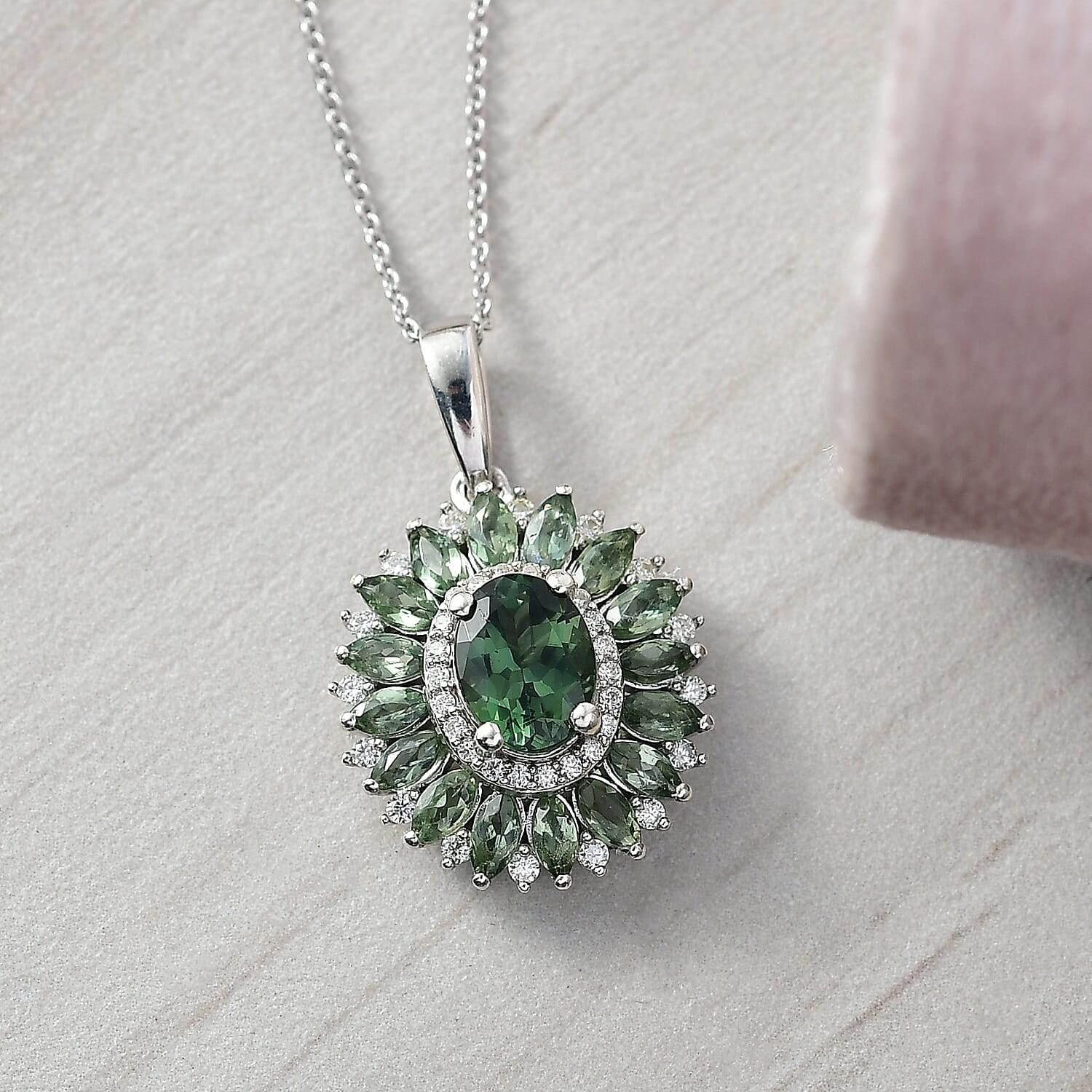 D'Joy Green Apatite & Moissanite Pendant with Chain (Size 20) in Rhodium Overlay Sterling Silver 2.90 Ct, Silver Wt. 5.36 Gms.