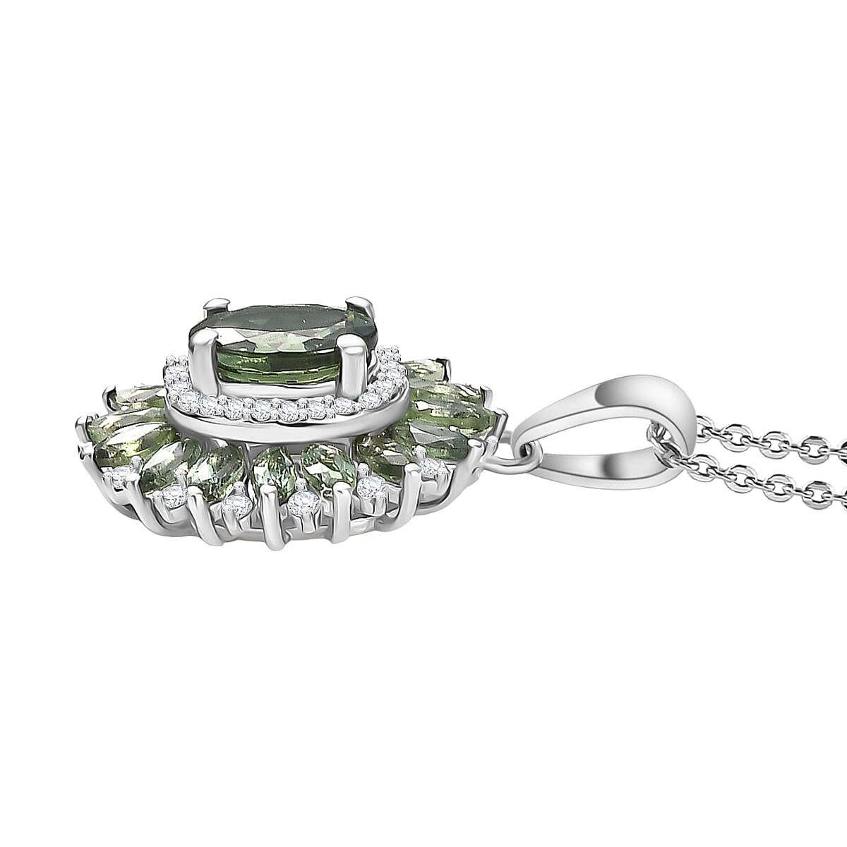 D'Joy Green Apatite & Moissanite Pendant with Chain (Size 20) in Rhodium Overlay Sterling Silver 2.90 Ct, Silver Wt. 5.36 Gms.