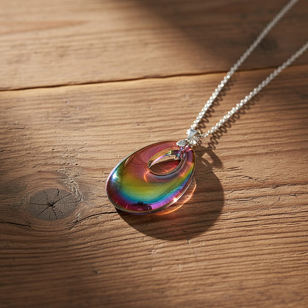 Magic Color Crystal Teardrop Pendant with Chain (Size 24) in Silver Tone