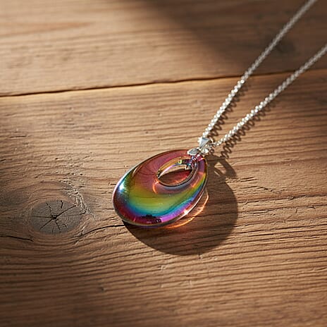 Magic Color Crystal Teardrop Pendant with Chain (Size 24) in Silver Tone