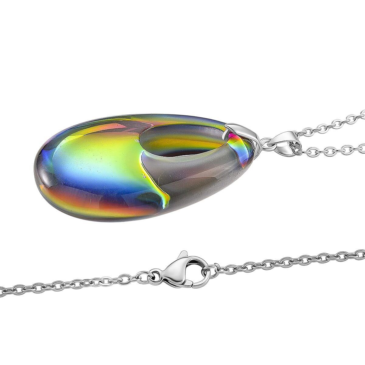 Magic Color Crystal Teardrop Pendant with Chain (Size 24) in Silver Tone