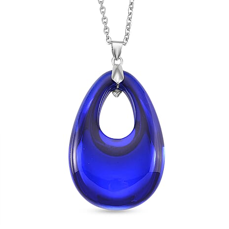 Blue Crystal Teardrop Pendant with Chain (Size 24) in Silver Tone