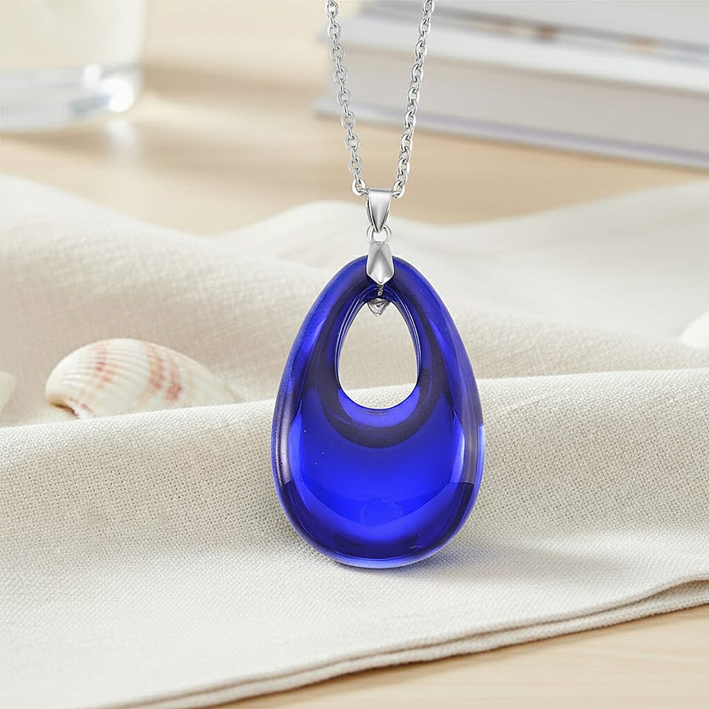 Blue Crystal Teardrop Pendant with Chain (Size 24) in Silver Tone