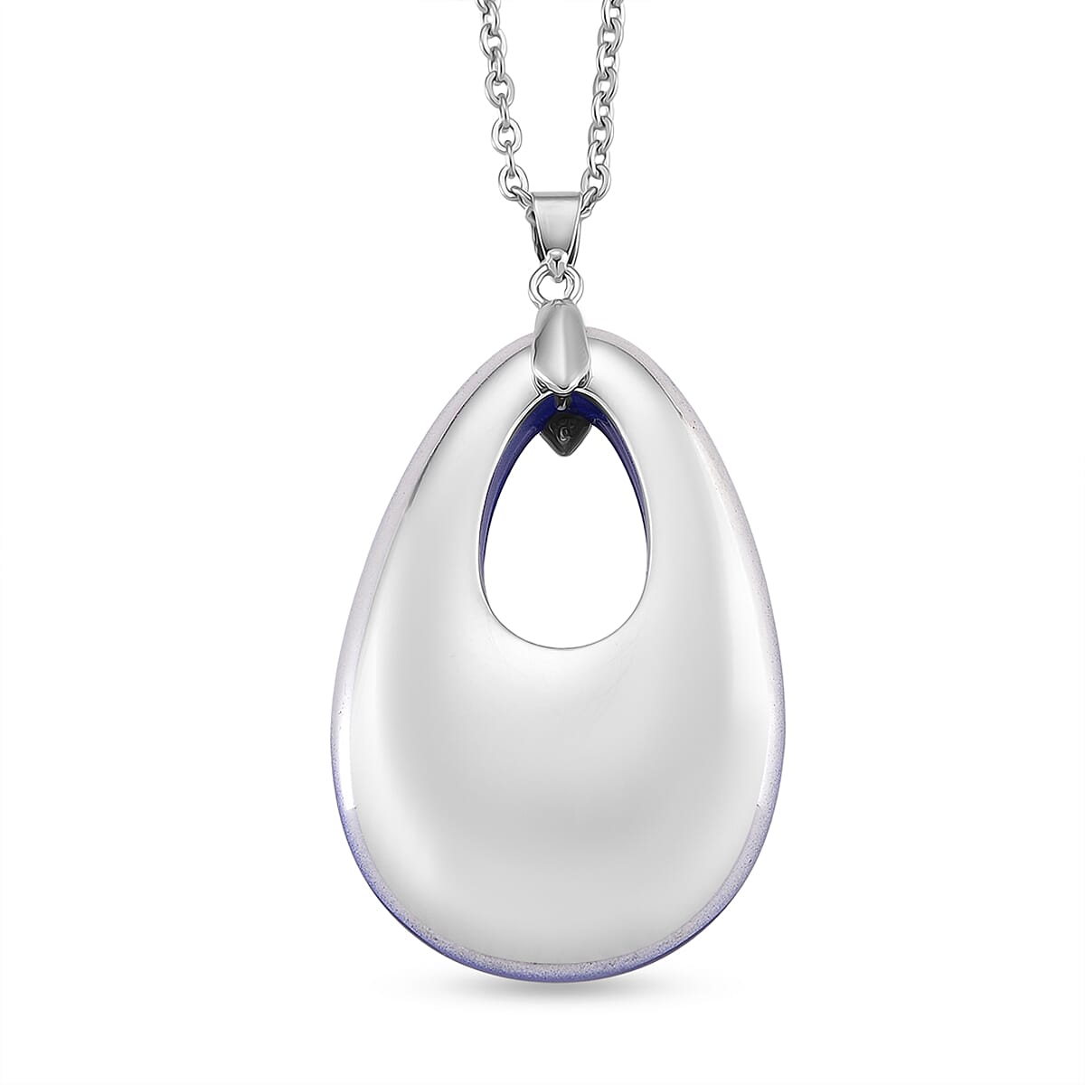 Blue Crystal Teardrop Pendant with Chain (Size 24) in Silver Tone