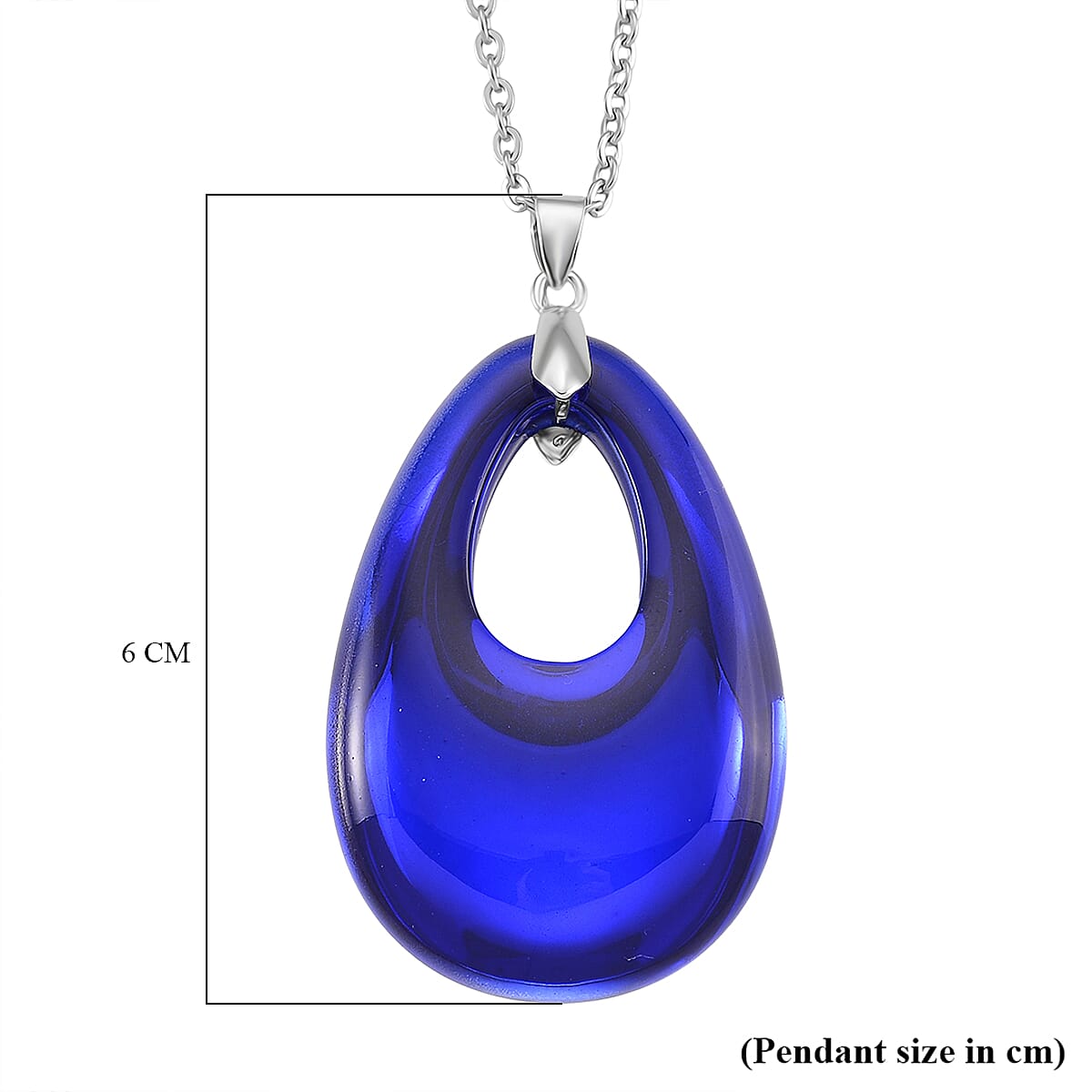 Blue Crystal Teardrop Pendant with Chain (Size 24) in Silver Tone