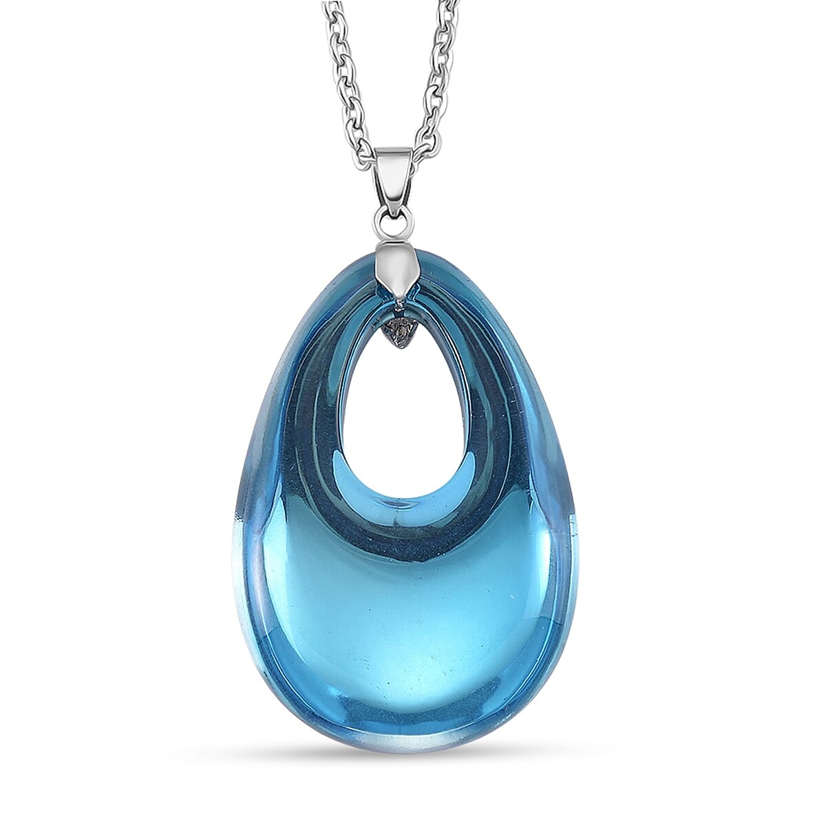 Light Blue Crystal Teardrop Pendant with Chain (Size 24) in Silver Tone