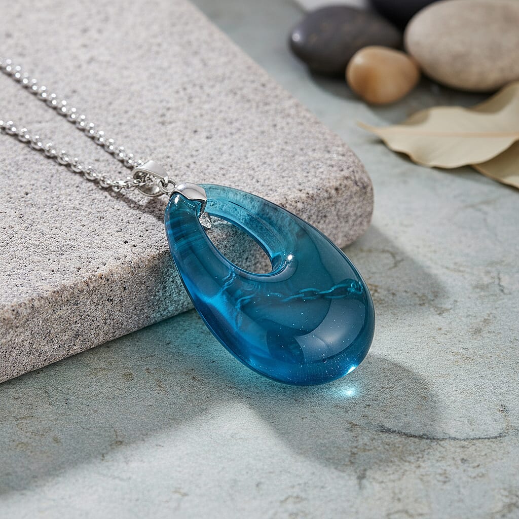 Light Blue Crystal Teardrop Pendant with Chain (Size 24) in Silver Tone