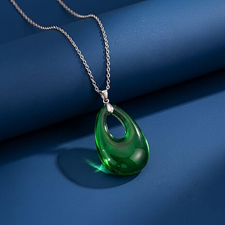 Green Crystal Teardrop Pendant with Chain (Size 24) in Silver Tone