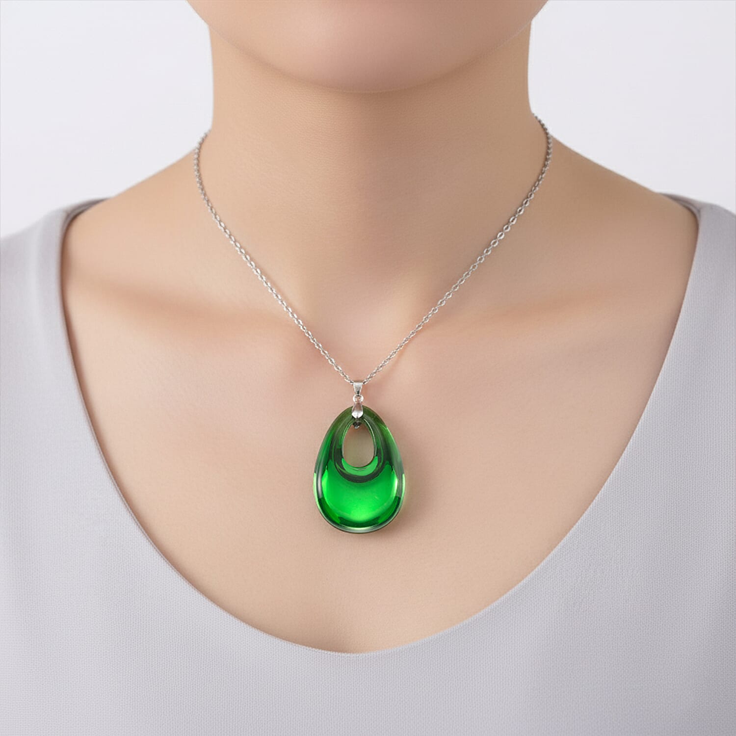 Green Crystal Teardrop Pendant with Chain (Size 24) in Silver Tone