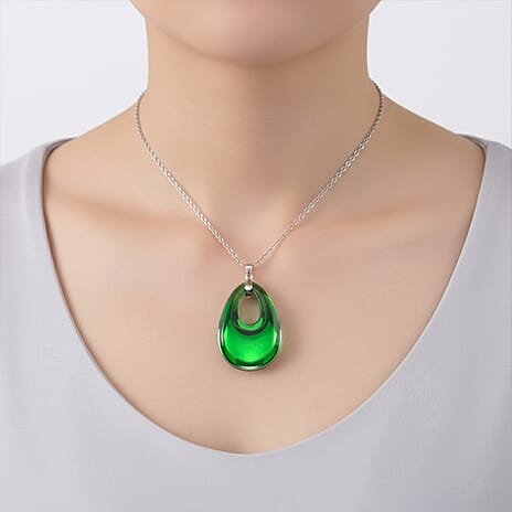 Green Crystal Teardrop Pendant with Chain (Size 24) in Silver Tone