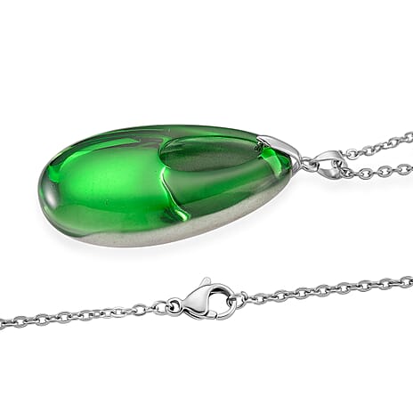 Green Crystal Teardrop Pendant with Chain (Size 24) in Silver Tone