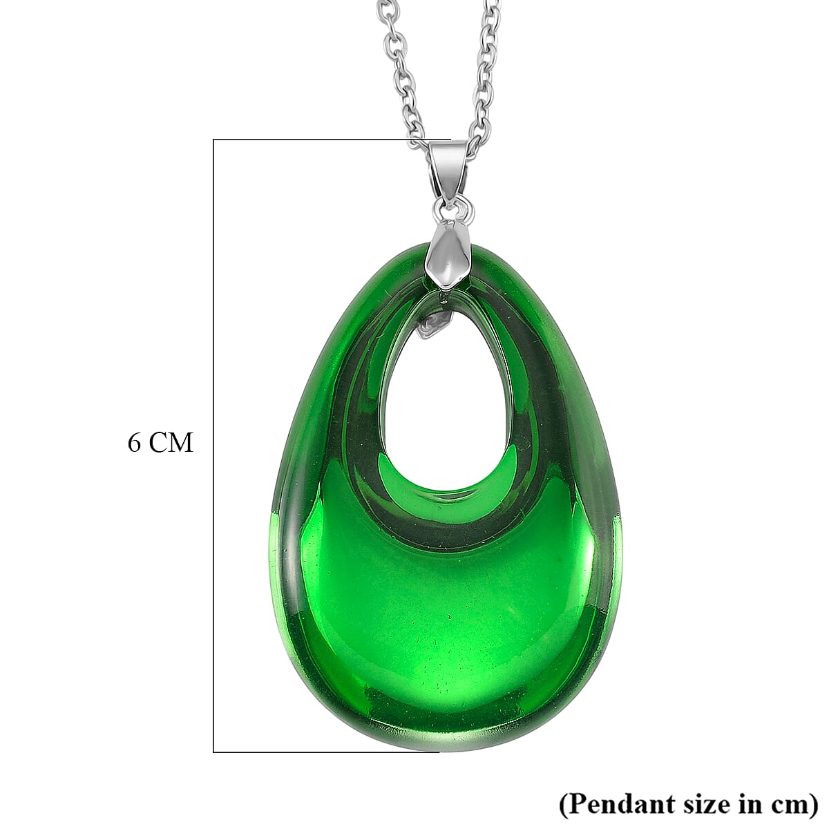 Green Crystal Teardrop Pendant with Chain (Size 24) in Silver Tone