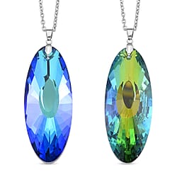 Set of 2 - Green & Blue Color Crystal Oval Solitaire Pendant with Chain (Size 24) in Silver Tone