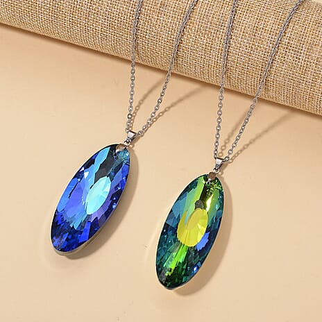 Set of 2 - Green & Blue Colour Crystal Oval Solitaire Pendant with Chain (Size 24)