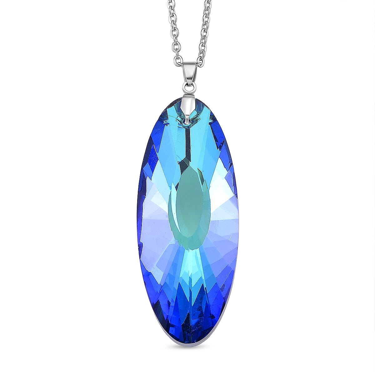 Set of 2 - Green & Blue Color Crystal Oval Solitaire Pendant with Chain (Size 24) in Silver Tone