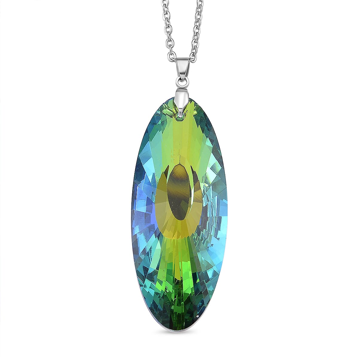Set of 2 - Green & Blue Color Crystal Oval Solitaire Pendant with Chain (Size 24) in Silver Tone