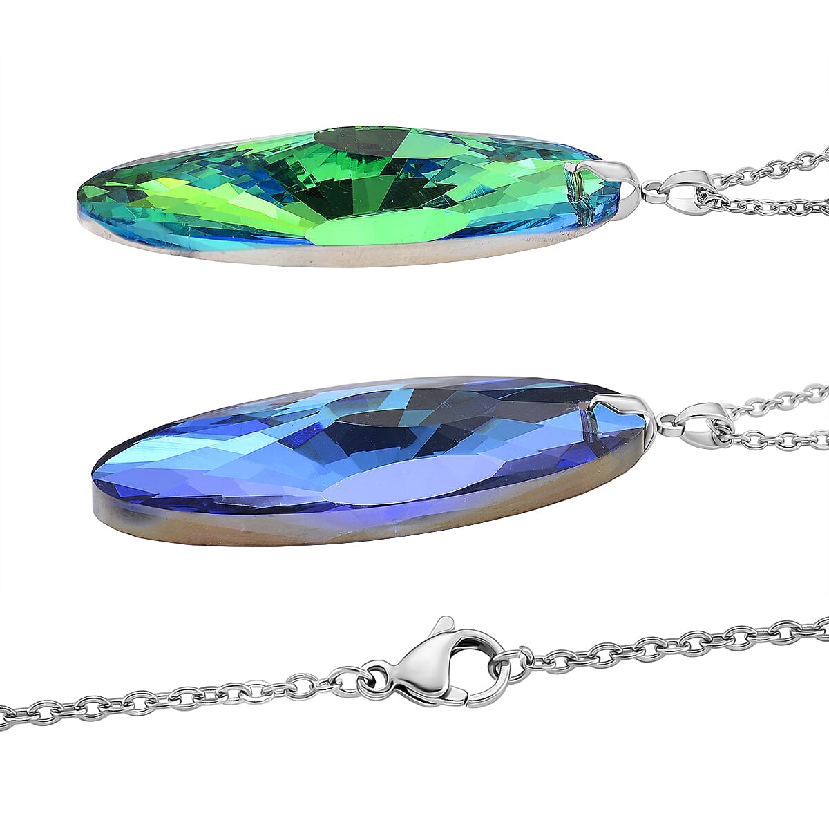 Set of 2 - Green & Blue Color Crystal Oval Solitaire Pendant with Chain (Size 24) in Silver Tone