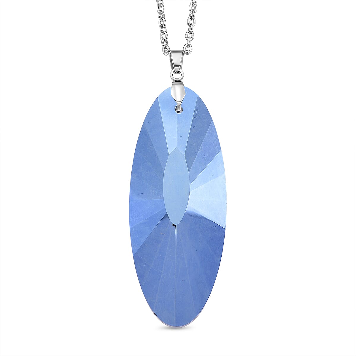 Set of 2 - Green & Blue Color Crystal Oval Solitaire Pendant with Chain (Size 24) in Silver Tone