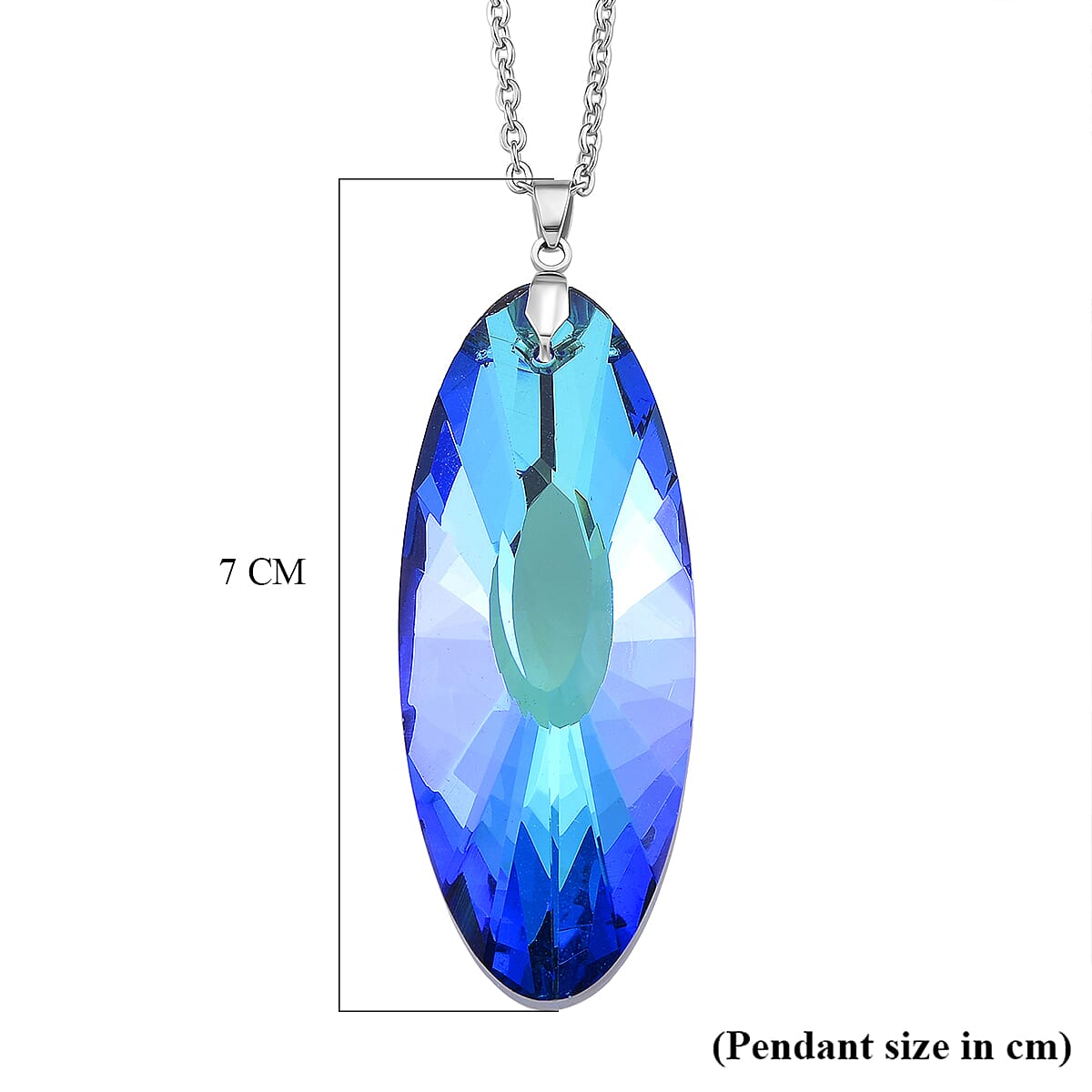 Set of 2 - Green & Blue Color Crystal Oval Solitaire Pendant with Chain (Size 24) in Silver Tone