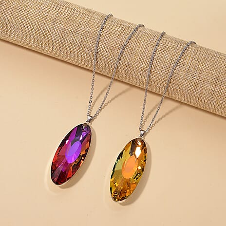 Set of 2 - Yellow & Pink Colour Crystal Oval Solitaire Pendant with Chain (Size 24)