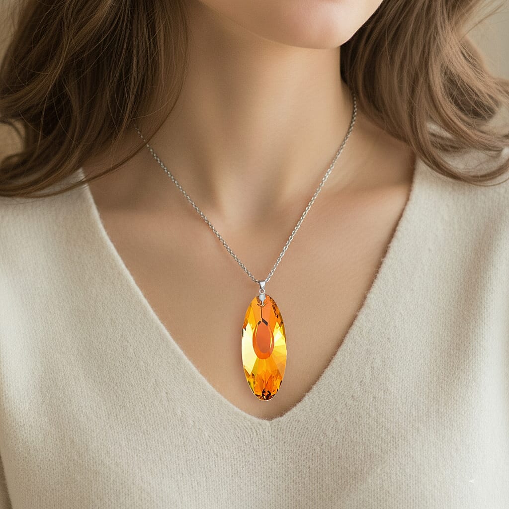 Set of 2 - Yellow & Red Color Crystal Oval Solitaire Pendant with Chain (Size 24) in Silver Tone