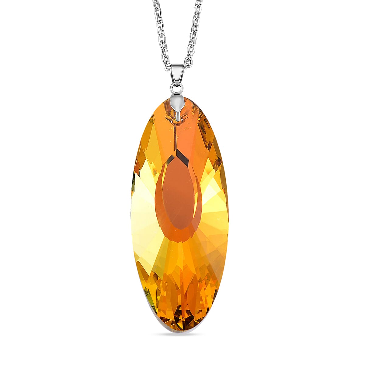 Set of 2 - Yellow & Red Color Crystal Oval Solitaire Pendant with Chain (Size 24) in Silver Tone