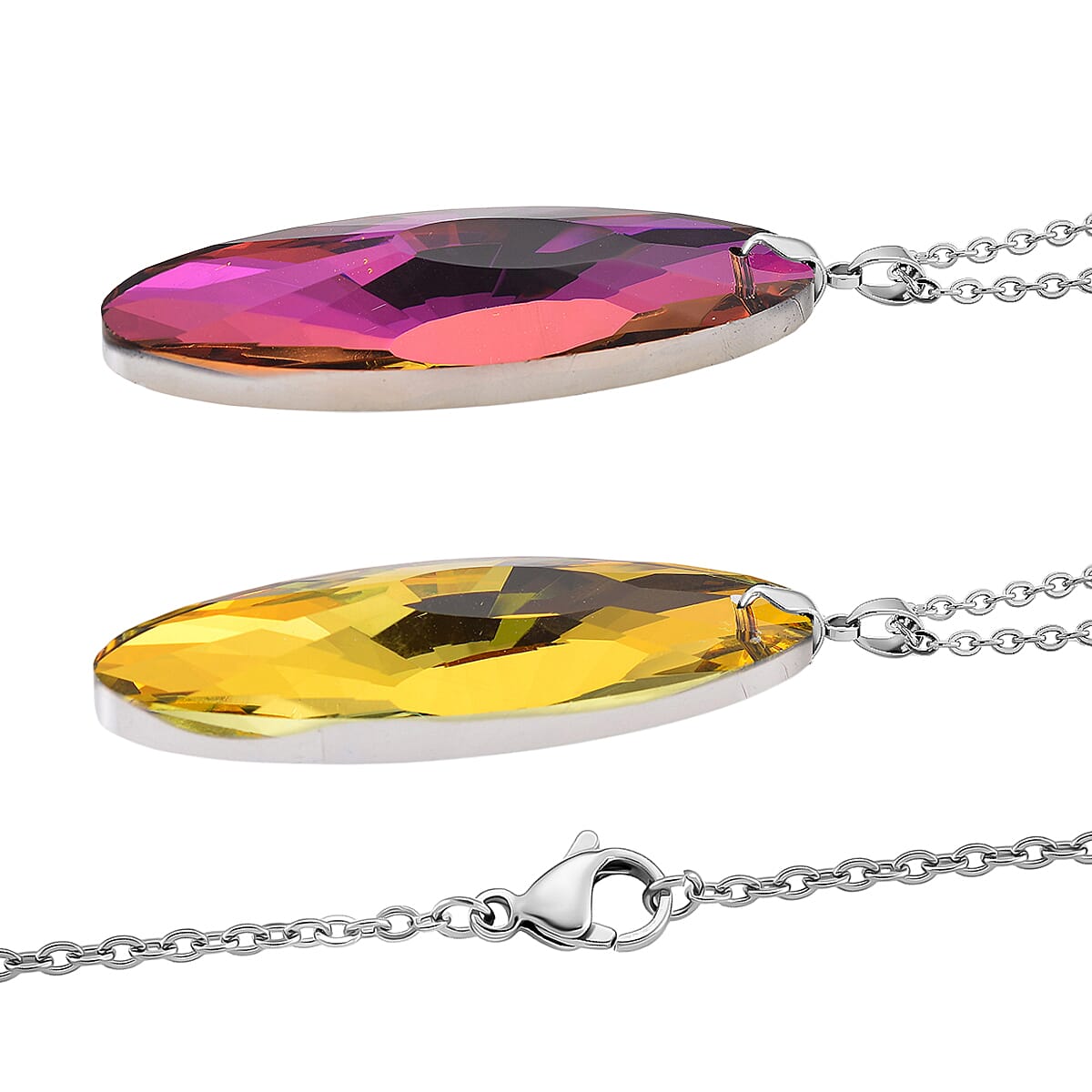 Set of 2 - Yellow & Red Color Crystal Oval Solitaire Pendant with Chain (Size 24) in Silver Tone