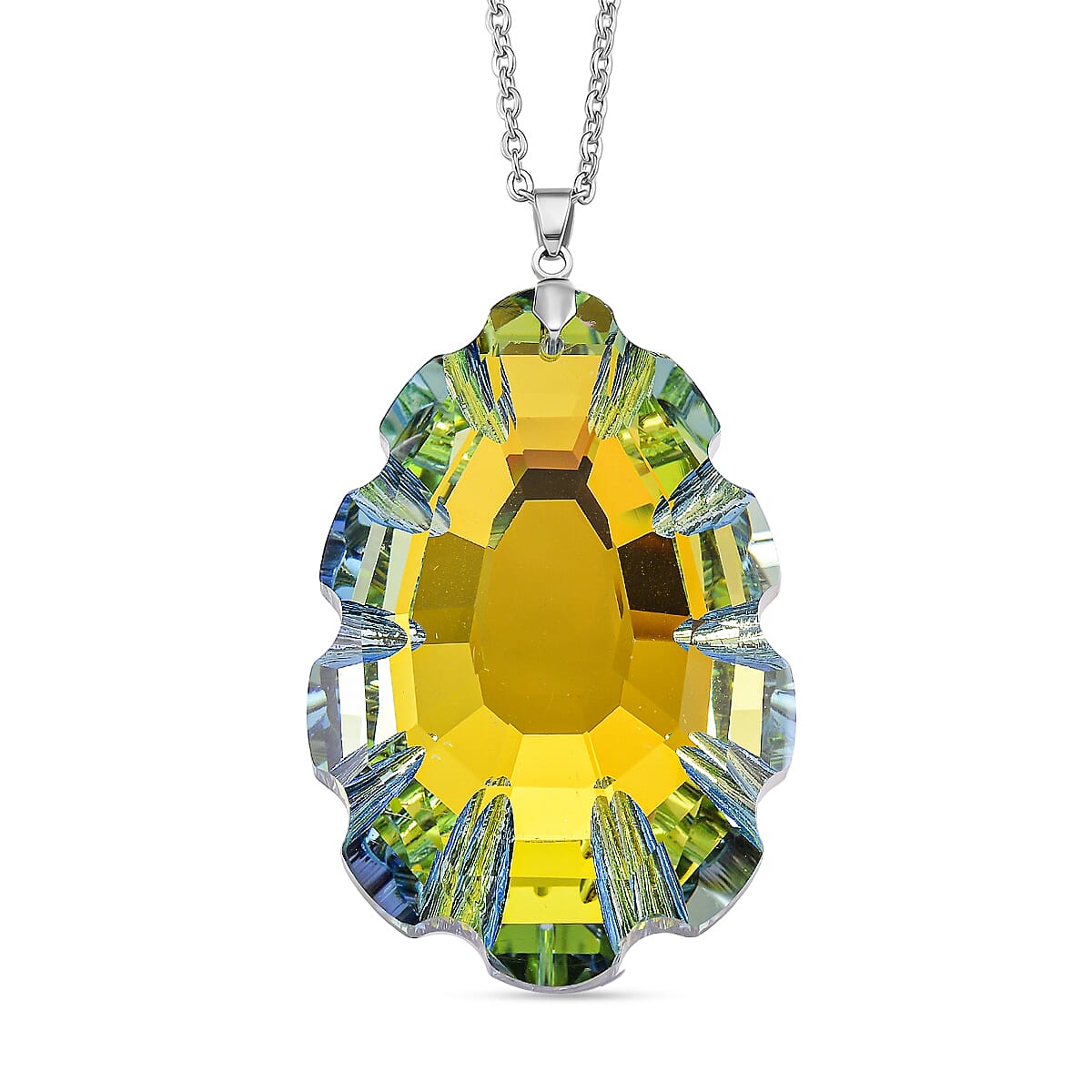 Yellow Crystal Pendant with Chain (Size 24) in Silver Tone