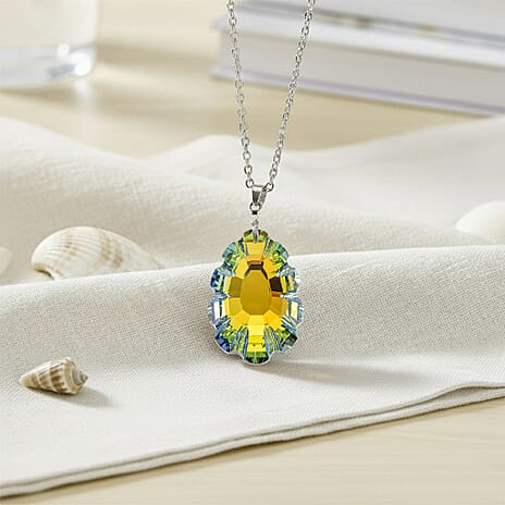 Yellow Crystal Pendant with Chain (Size 24) in Silver Tone