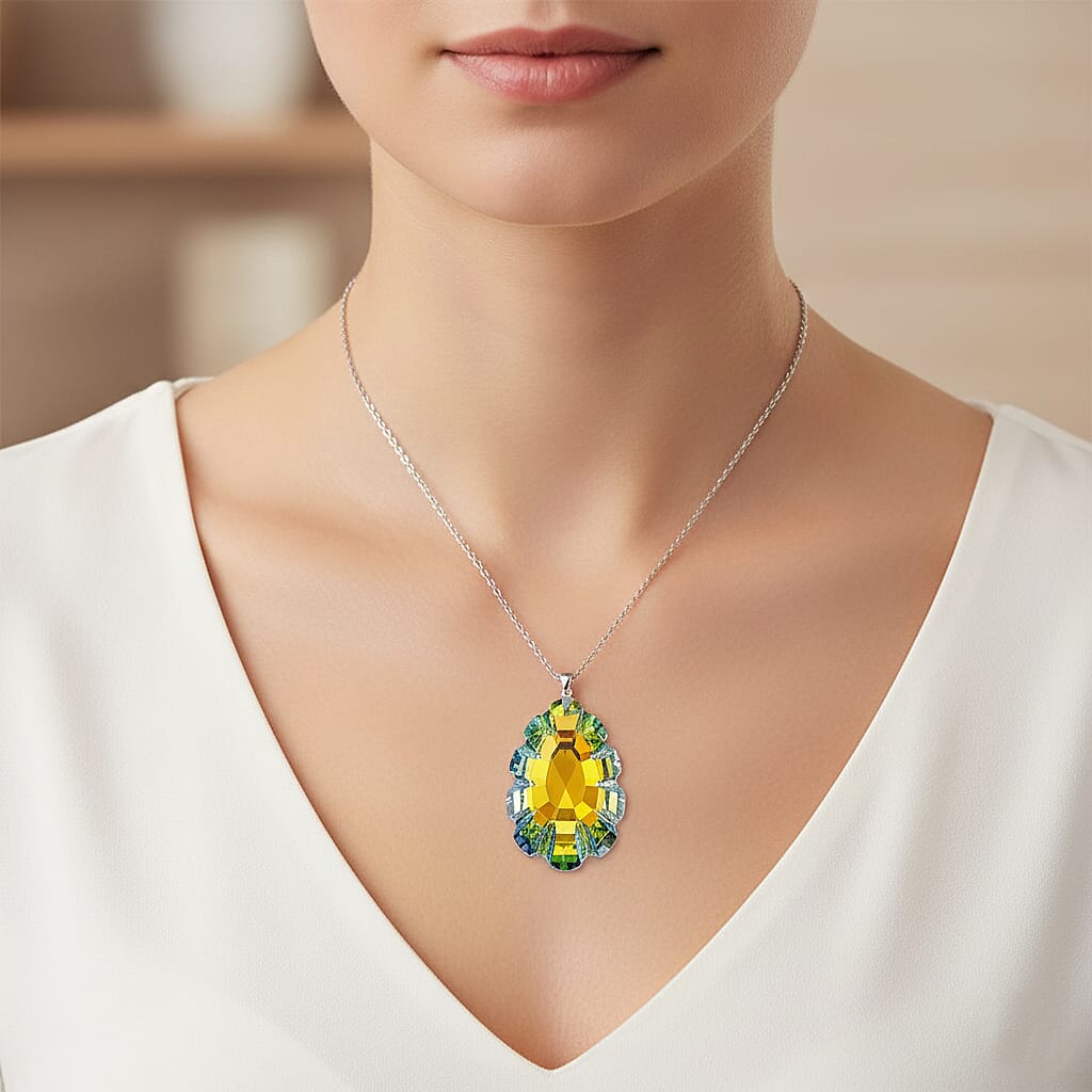 Yellow Crystal Pendant with Chain (Size 24) in Silver Tone