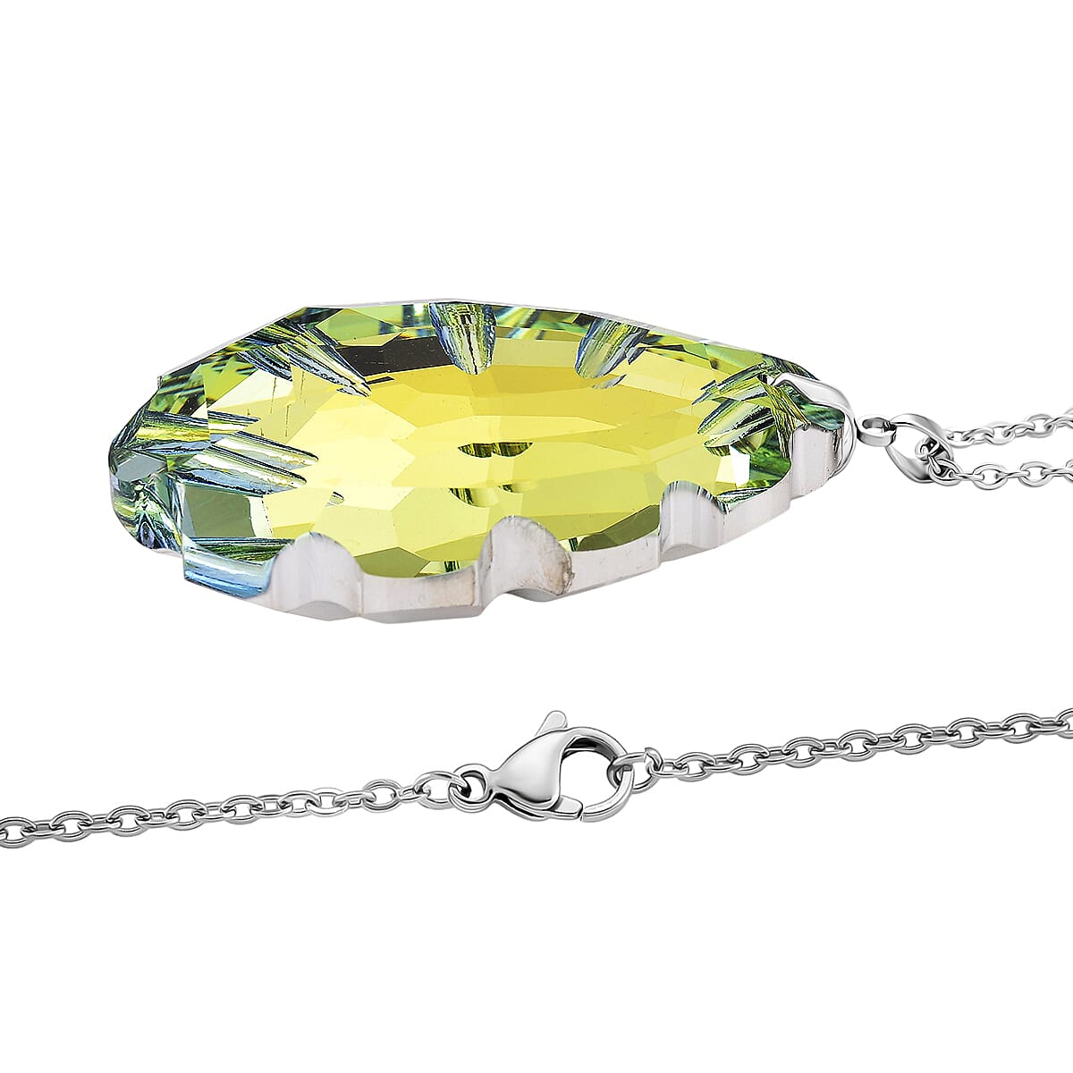 Yellow Crystal Pendant with Chain (Size 24) in Silver Tone