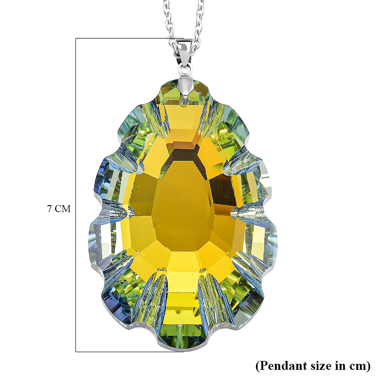 Yellow Crystal Pendant with Chain (Size 24) in Silver Tone