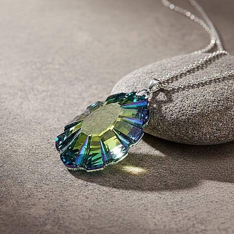 Green Magic Color Crystal Pendant with Chain (Size 24) in Silver Tone