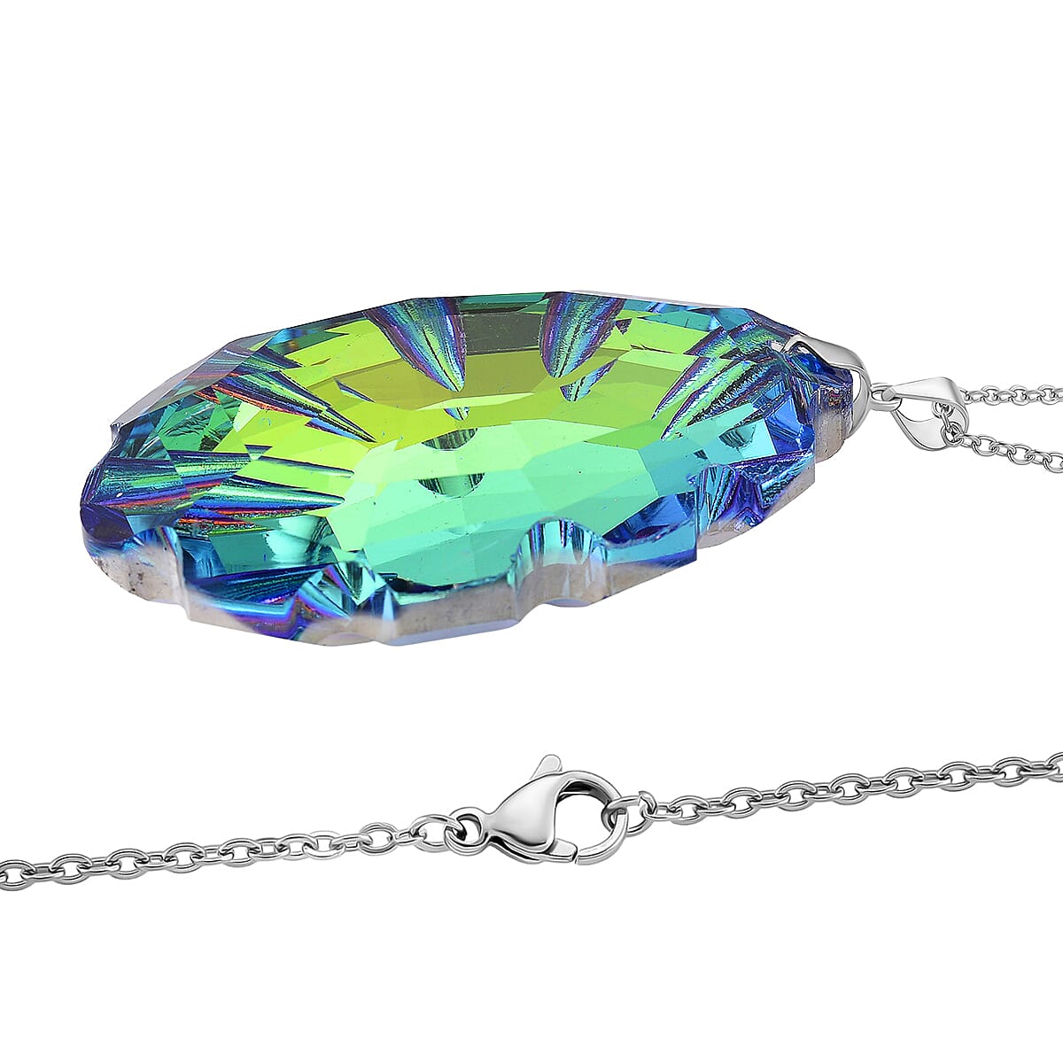 Green Magic Color Crystal Pendant with Chain (Size 24) in Silver Tone