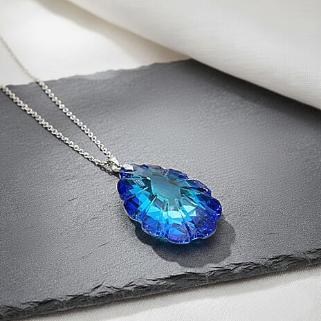 Blue Crystal Teardrop Pendant with Chain (Size 24) in Silver Tone