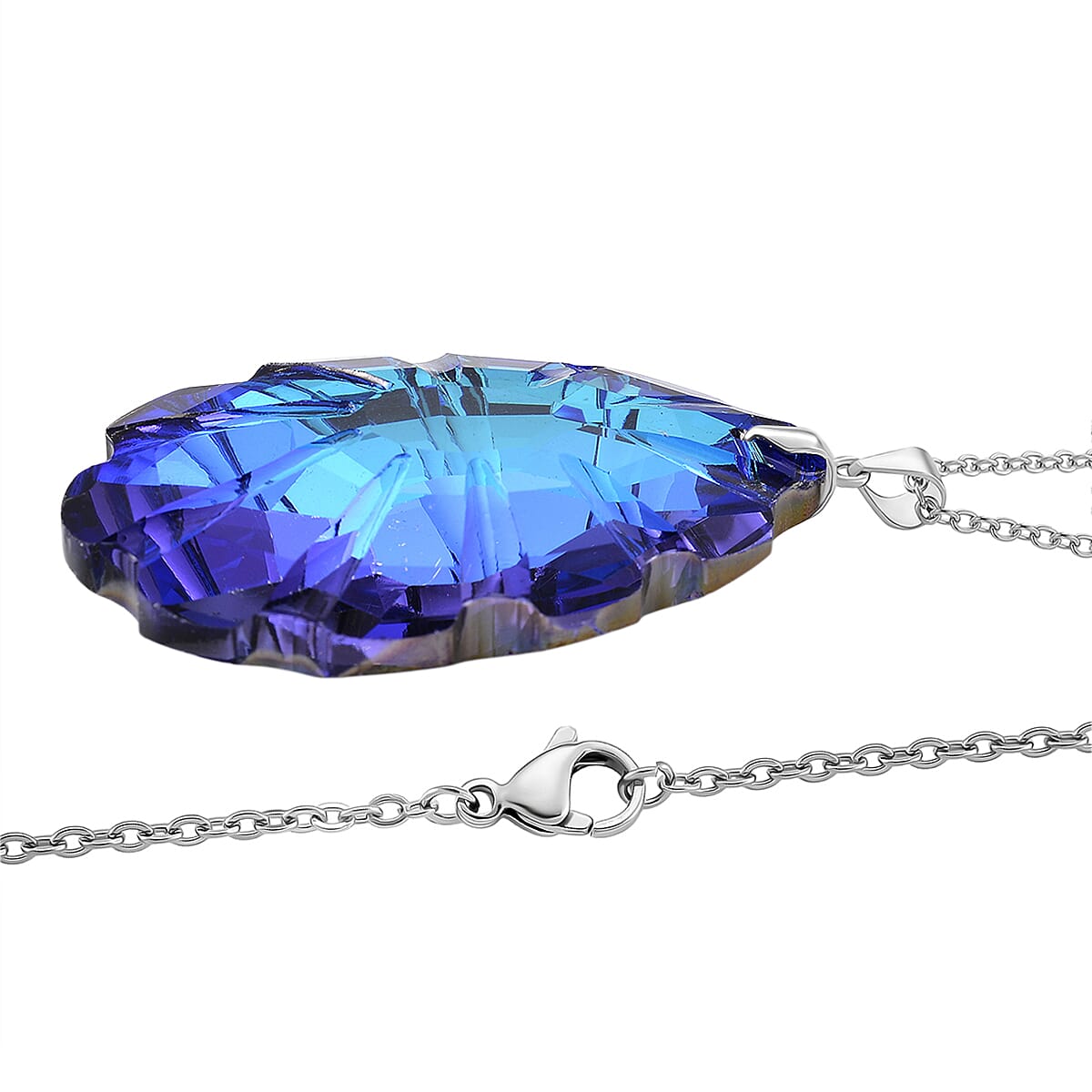 Blue Crystal Pendant with Chain (Size 24) in Silver Tone
