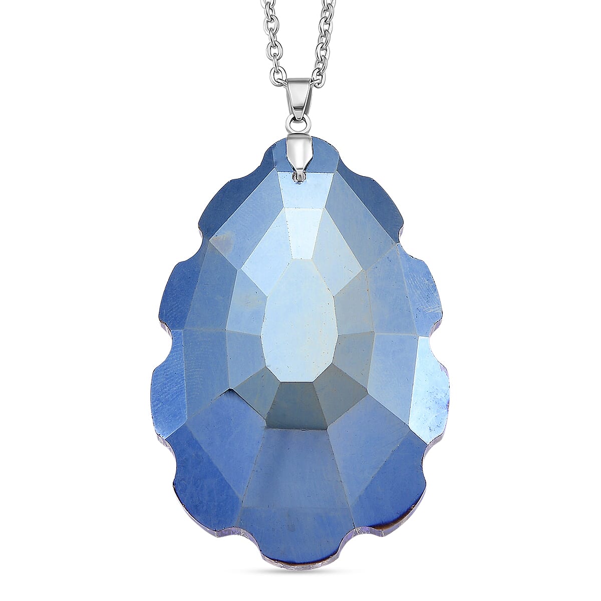 Blue Crystal Pendant with Chain (Size 24) in Silver Tone