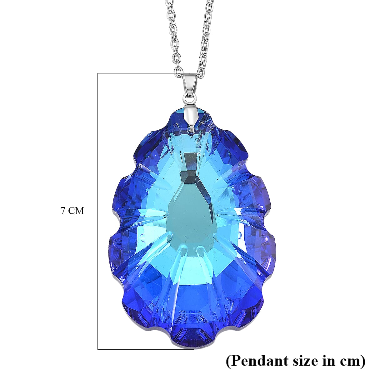 Blue Crystal Pendant with Chain (Size 24) in Silver Tone