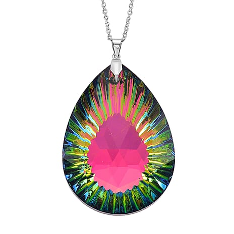 Magic Color Crystal Pear Solitaire Pendant with Chain (Size 24) in Silver Tone