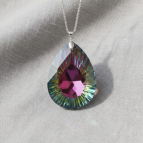 Magic Color Crystal Pear Solitaire Pendant with Chain (Size 24) in Silver Tone