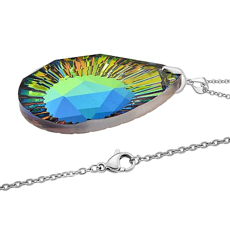 Magic Color Crystal Pear Solitaire Pendant with Chain (Size 24) in Silver Tone